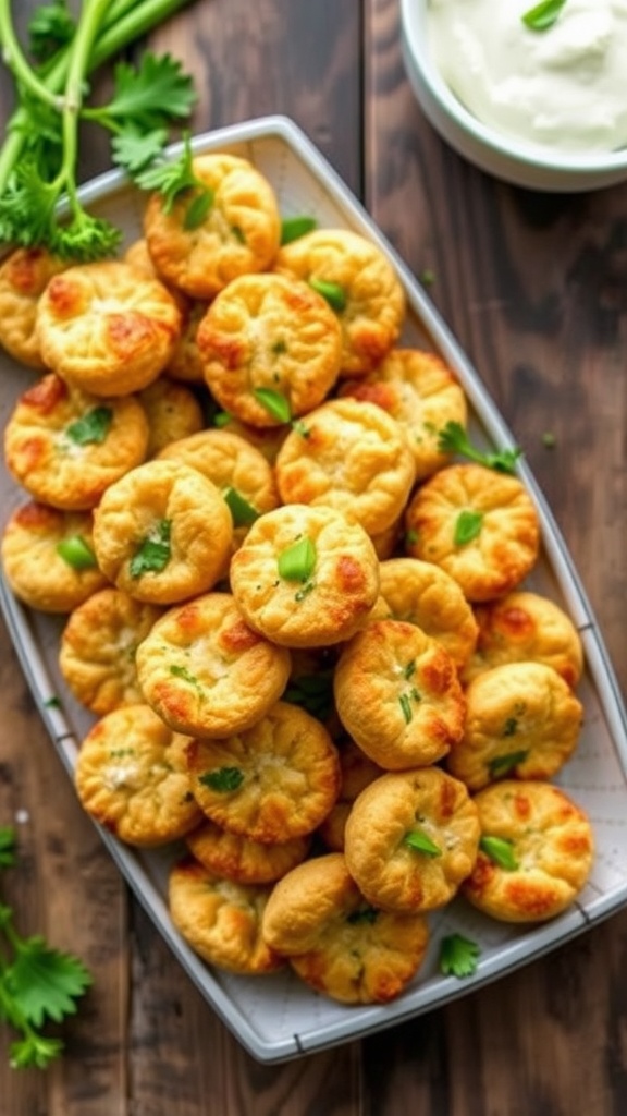 Golden crunchy herb and cheese snack bites on a rustic wooden platter with a bowl of dip.